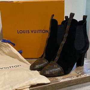 Louis Vuitton Black Suede Ankle Boots with Monogram Leather Trim 37.5 (US 7.5)